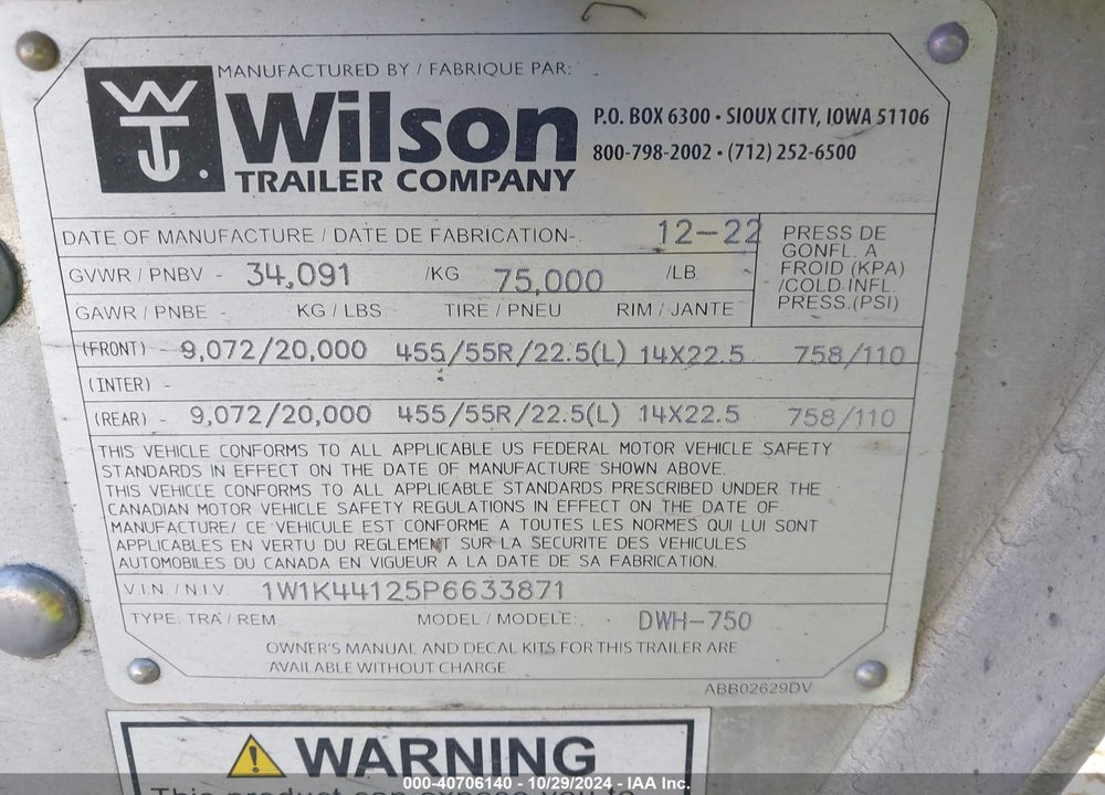 2023 WILSON TRAILER CO TRAILER VIN: 1W1K44125P6633871