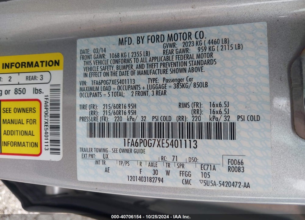 2014 FORD FUSION S VIN: 1FA6P0G7XE5401113