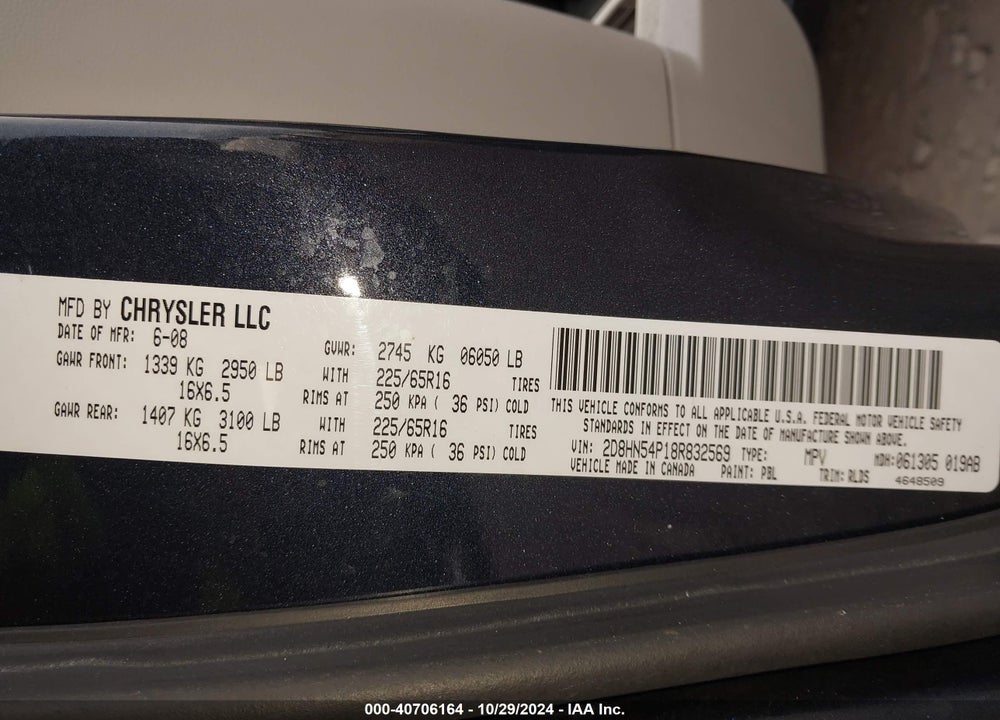 2008 DODGE GRAND CARAVAN SXT VIN: 2D8HN54P18R832569