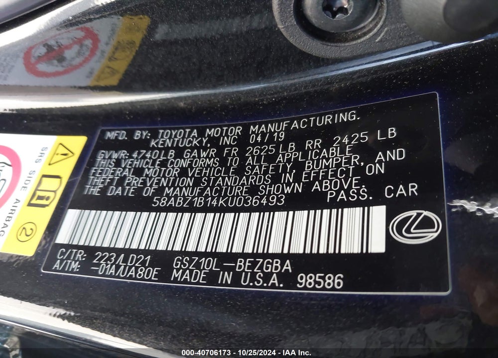 2019 LEXUS ES 350 VIN: 58ABZ1B14KU036493