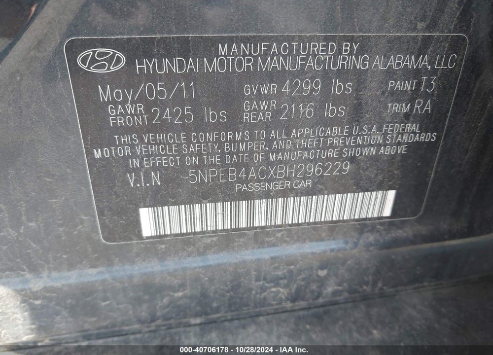 2011 HYUNDAI SONATA GLS VIN: 5NPEB4ACXBH296229