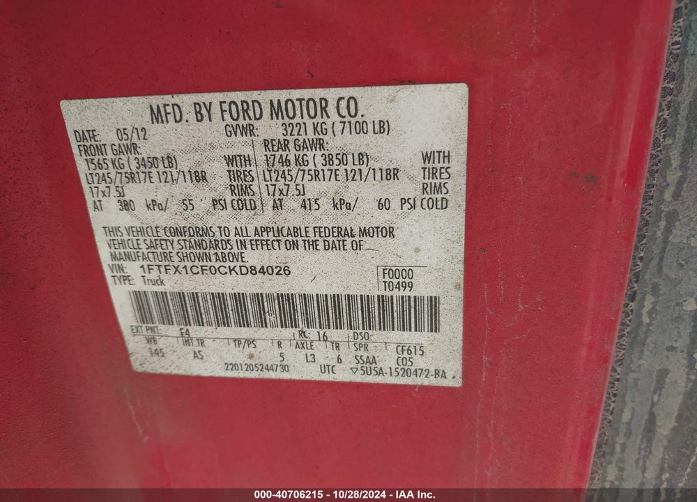 2012 FORD F-150 XL VIN: 1FTFX1CF0CKD84026