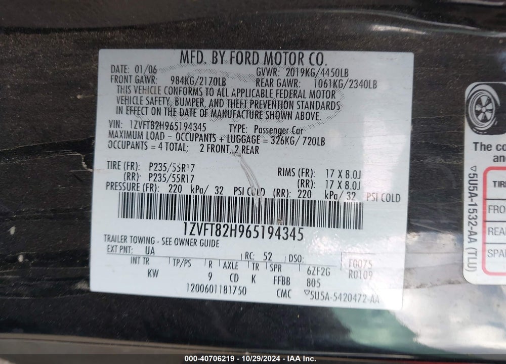 2006 FORD MUSTANG GT VIN: 1ZVFT82H965194345
