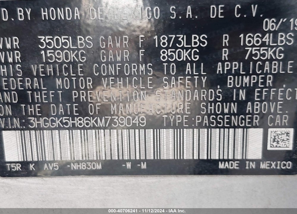 2019 HONDA FIT EX VIN: 3HGGK5H86KM739049