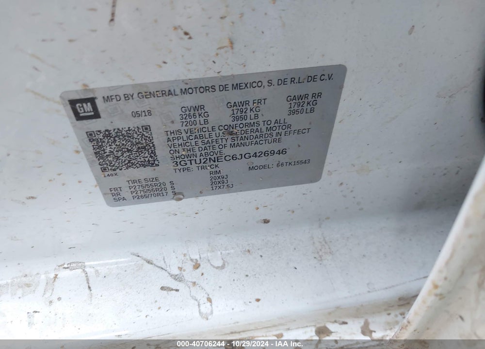 2018 GMC SIERRA 1500 SLT VIN: 3GTU2NEC6JG426946