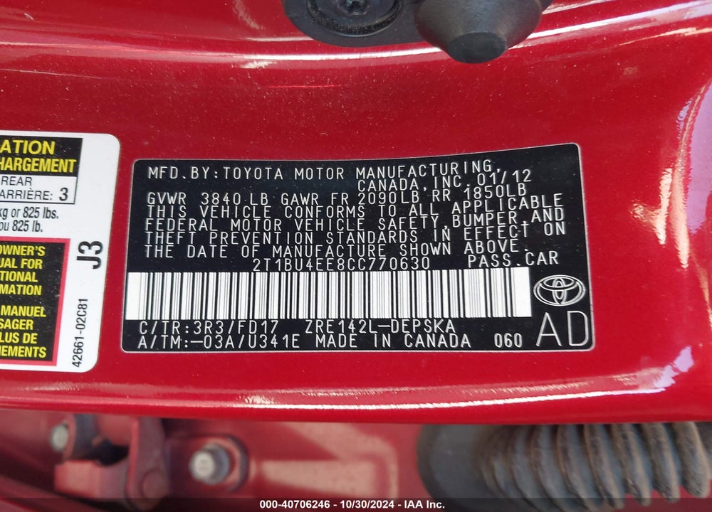 2012 TOYOTA COROLLA S VIN: 2T1BU4EE8CC770630