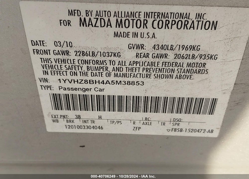 2010 MAZDA 6 I SPORT VIN: 1YVHZ8BH4A5M38853