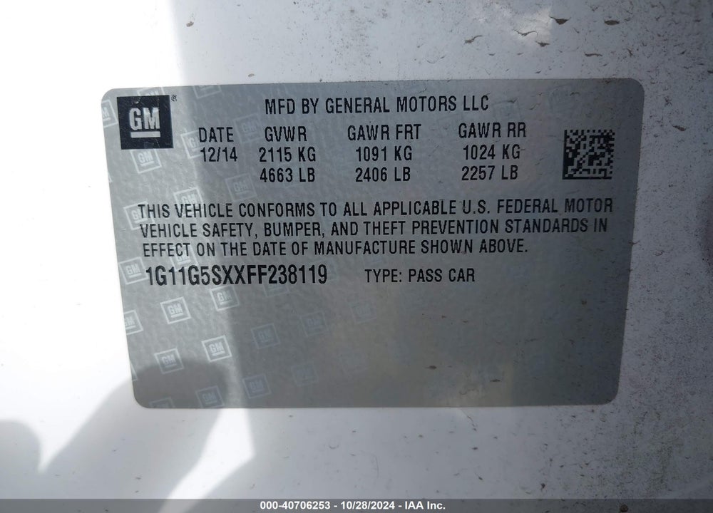 2015 CHEVROLET MALIBU 2LZ VIN: 1G11G5SXXFF238119