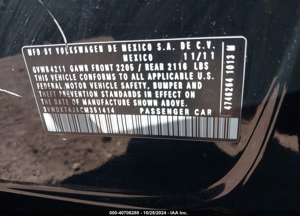 2012 VOLKSWAGEN JETTA SE VIN: 3VWDX7AJXCM351414