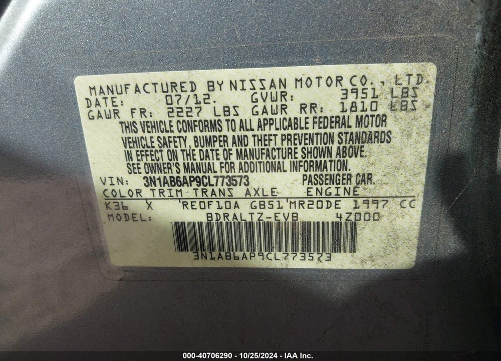 2012 NISSAN SENTRA 2.0 S VIN: 3N1AB6AP9CL773573
