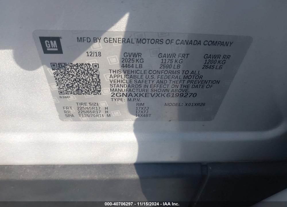 2019 CHEVROLET EQUINOX LT VIN: 2GNAXKEVXK6199270
