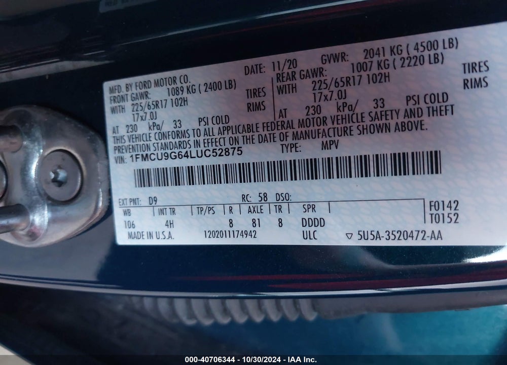 2020 FORD ESCAPE SE VIN: 1FMCU9G64LUC52875