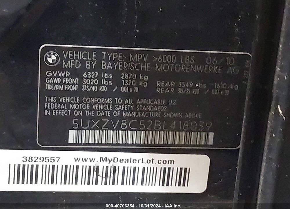 2011 BMW X5 XDRIVE50I VIN: 5UXZV8C52BL418039