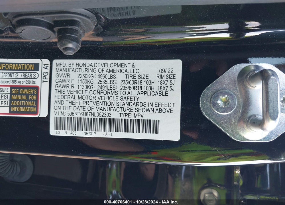 2022 HONDA CR-V HYBRID EX-L VIN: 5J6RT6H87NL052303