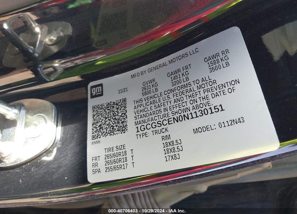 2022 CHEVROLET COLORADO VIN: 1GCGSCEN0N1130151