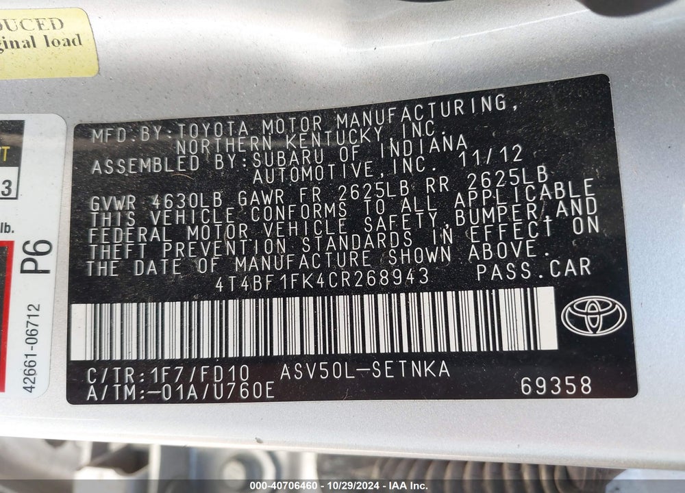 2012 TOYOTA CAMRY LE VIN: 4T4BF1FK4CR268943