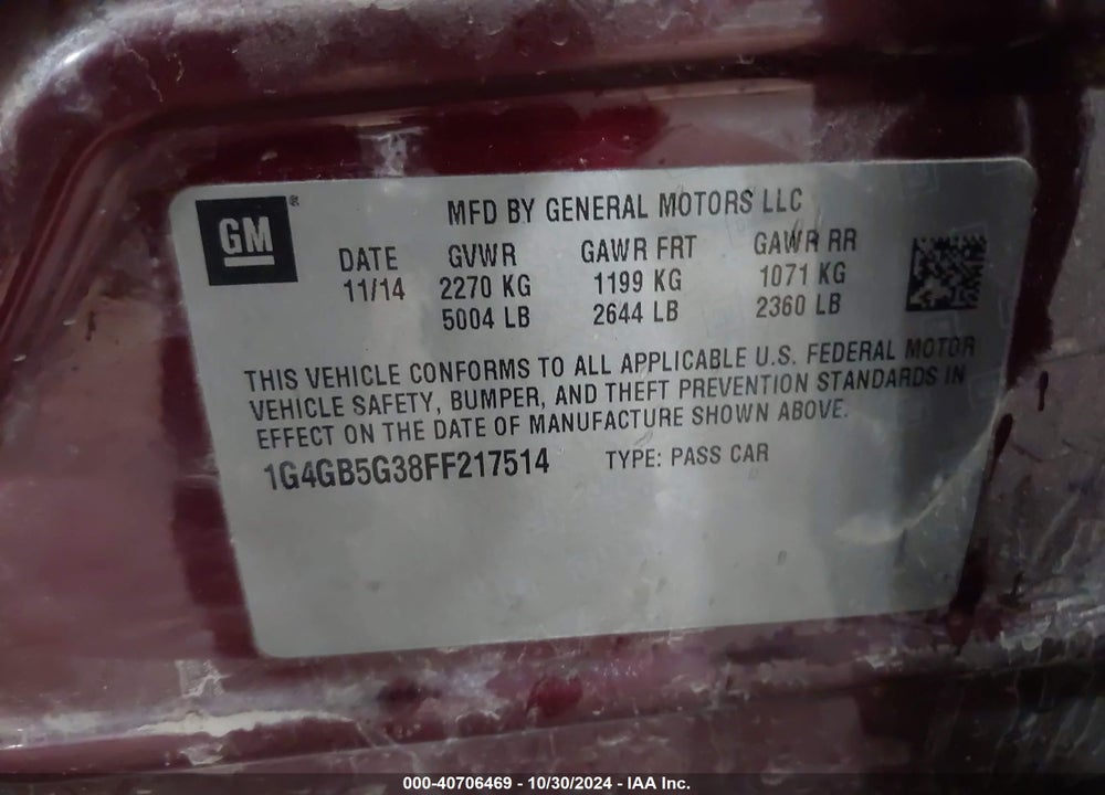 2015 BUICK LACROSSE LEATHER VIN: 1G4GB5G38FF217514