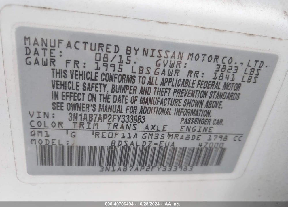 2015 NISSAN SENTRA SV VIN: 3N1AB7AP2FY333983