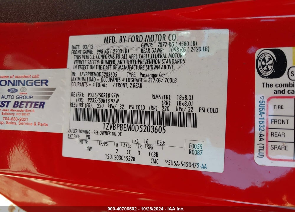 2013 FORD MUSTANG V6 PREMIUM VIN: 1ZVBP8EM0D5203605