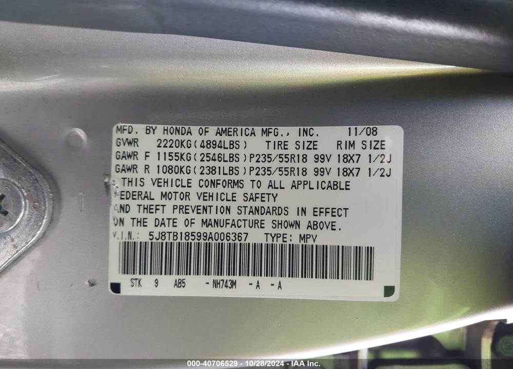 2009 ACURA RDX VIN: 5J8TB18599A006367