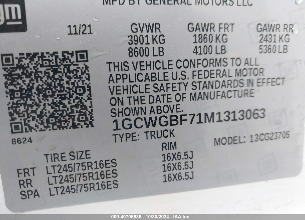 2021 CHEVROLET EXPRESS CARGO RWD 2500 EXTENDED WHEELBASE WT VIN: 1GCWGBF71M1313063