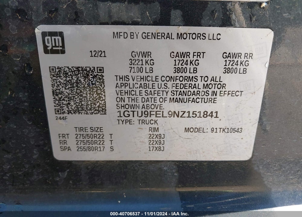 2022 GMC SIERRA 1500 LIMITED 4WD SHORT BOX DENALI VIN: 1GTU9FEL9NZ151841