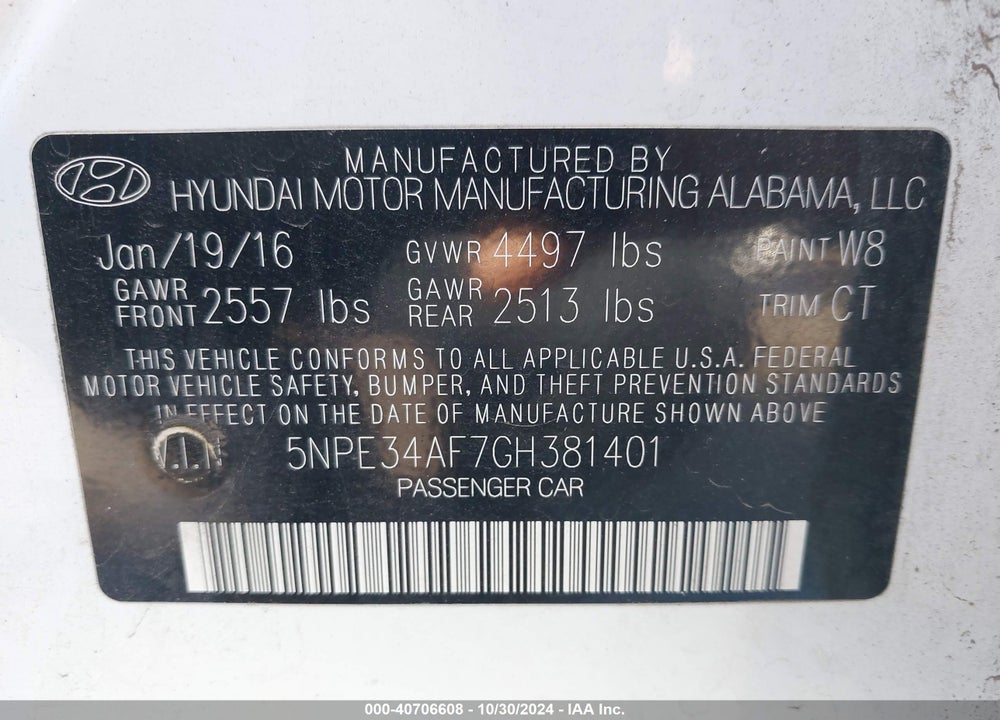 2016 HYUNDAI SONATA SPORT VIN: 5NPE34AF7GH381401