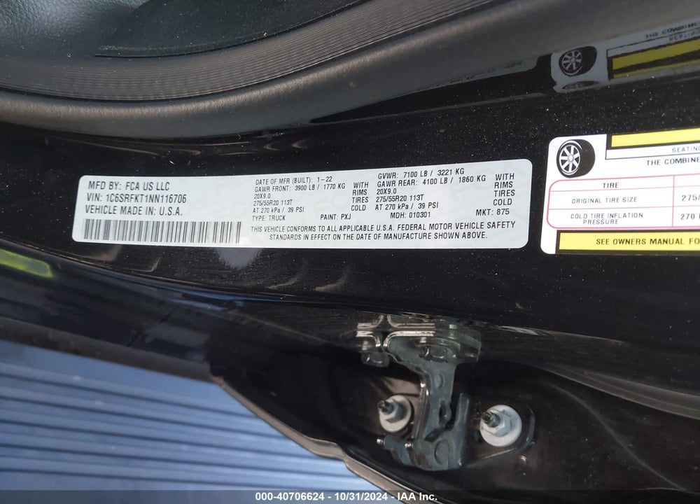 2022 RAM 1500 VIN: 1C6SRFKT1NN116706