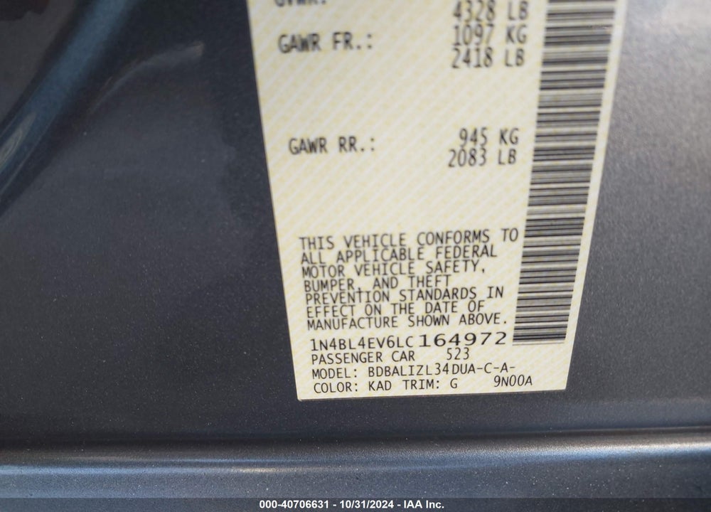 2020 NISSAN ALTIMA SL FWD VIN: 1N4BL4EV6LC164972