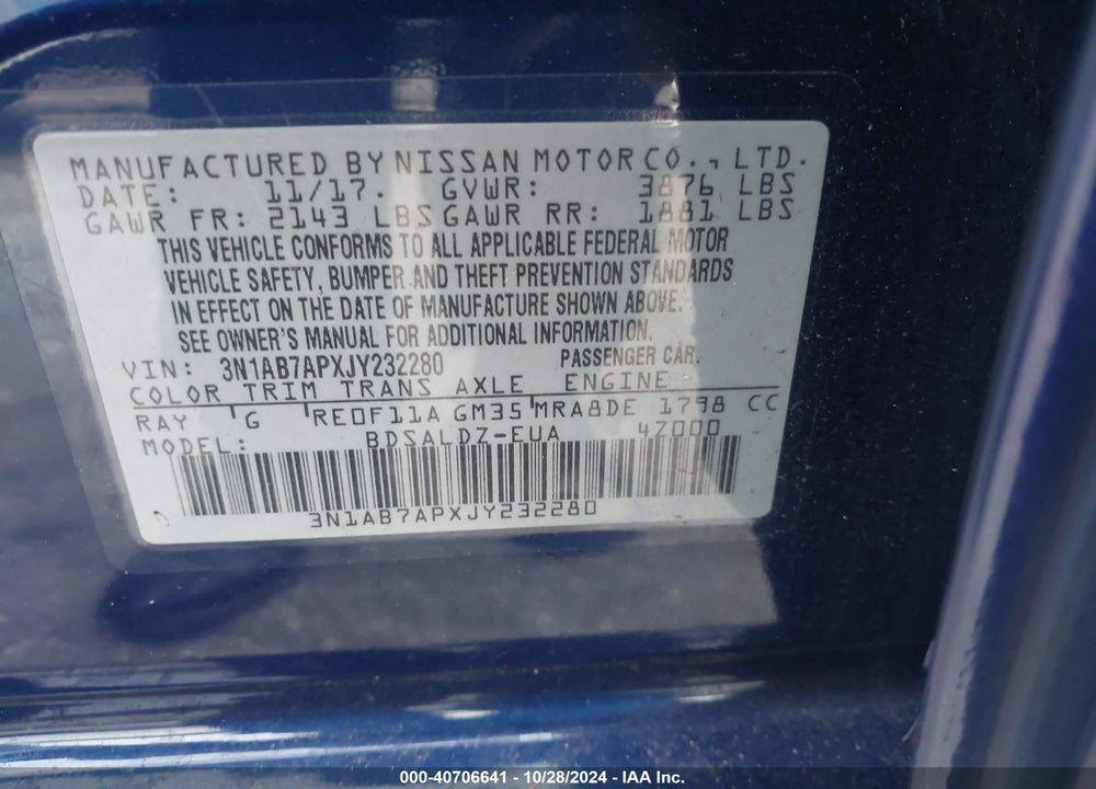 2018 NISSAN SENTRA SV VIN: 3N1AB7APXJY232280