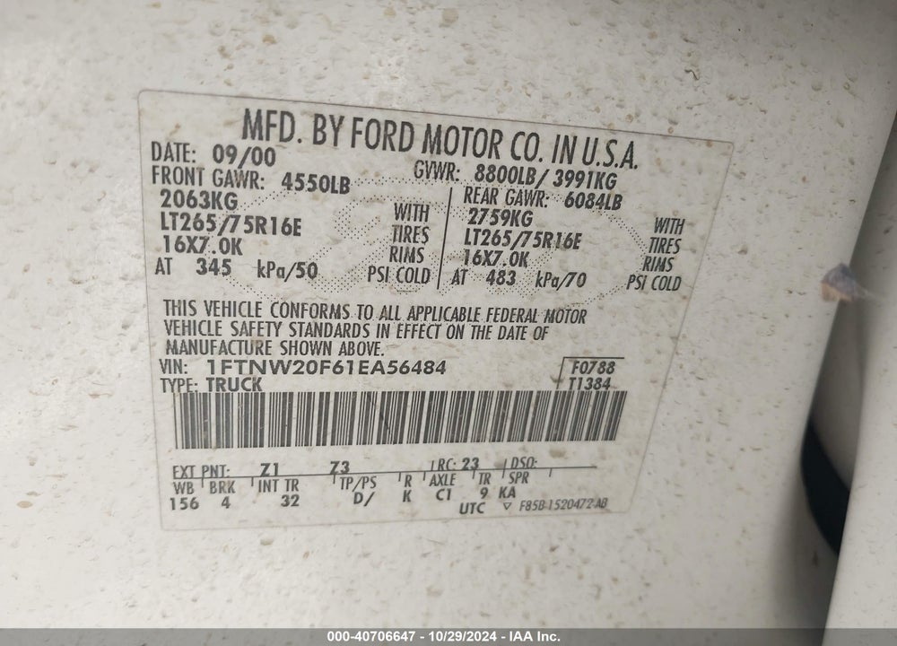 2001 FORD F-250 LARIAT/XL/XLT VIN: 1FTNW20F61EA56484