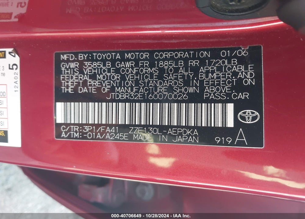 2006 TOYOTA COROLLA CE/LE VIN: JTDBR32E160070026