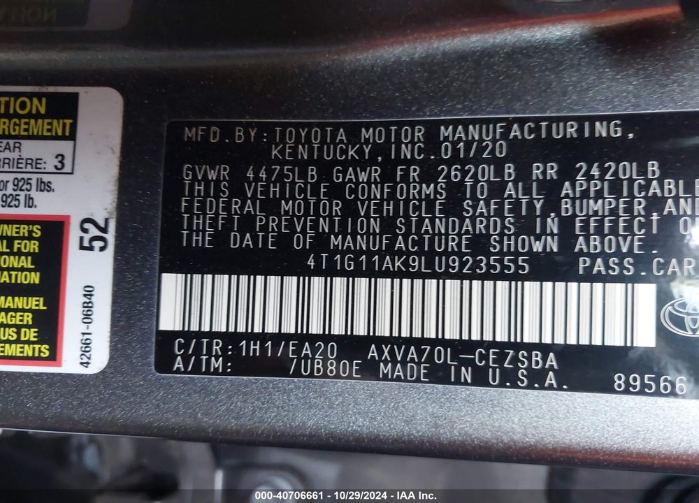 2020 TOYOTA CAMRY SE/SE NIGHT SHADE VIN: 4T1G11AK9LU923555
