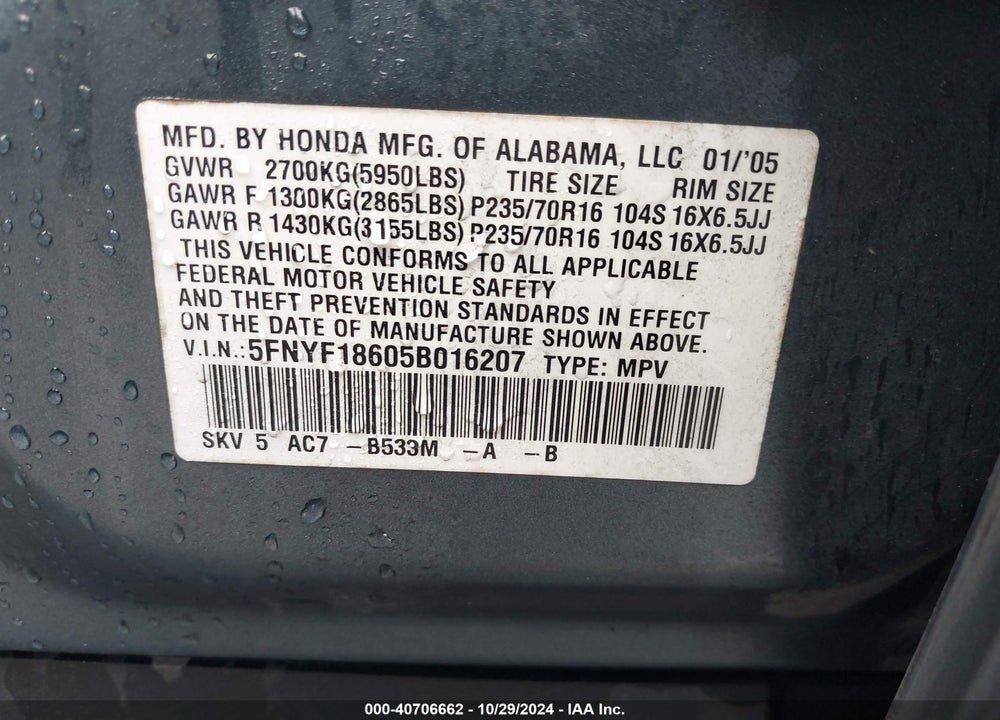 2005 HONDA PILOT EX-L VIN: 5FNYF18605B016207