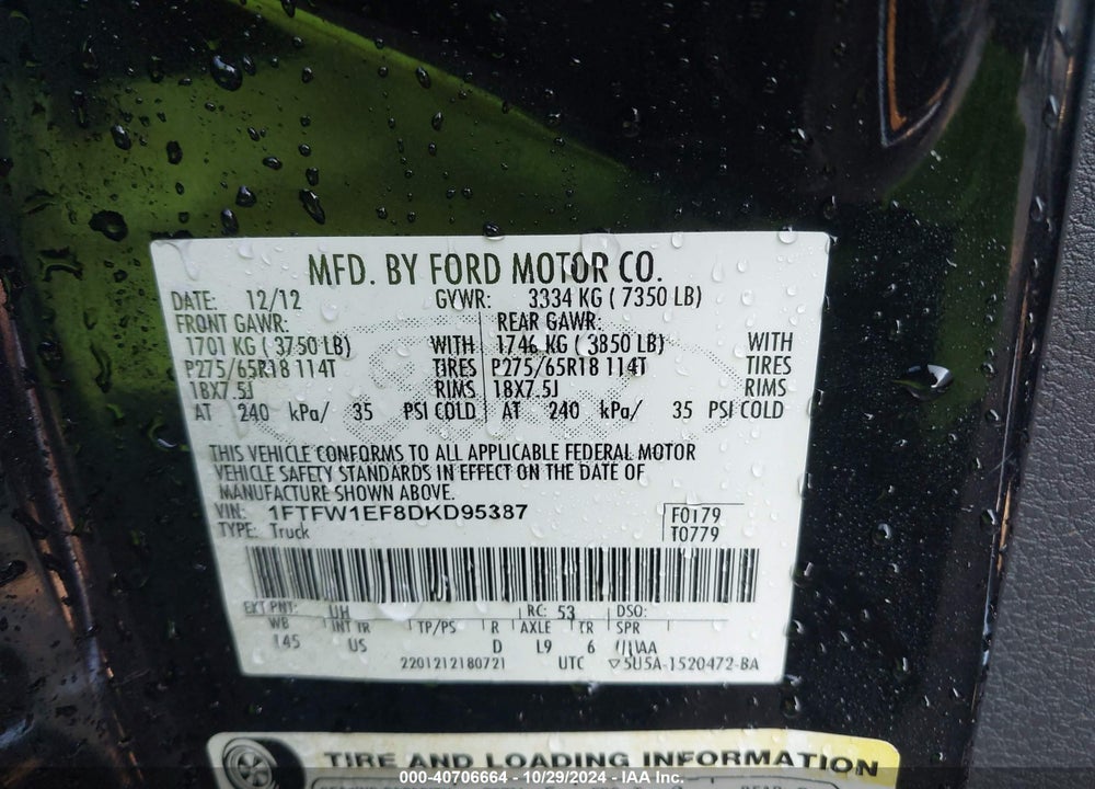 2013 FORD F-150 XLT VIN: 1FTFW1EF8DKD95387