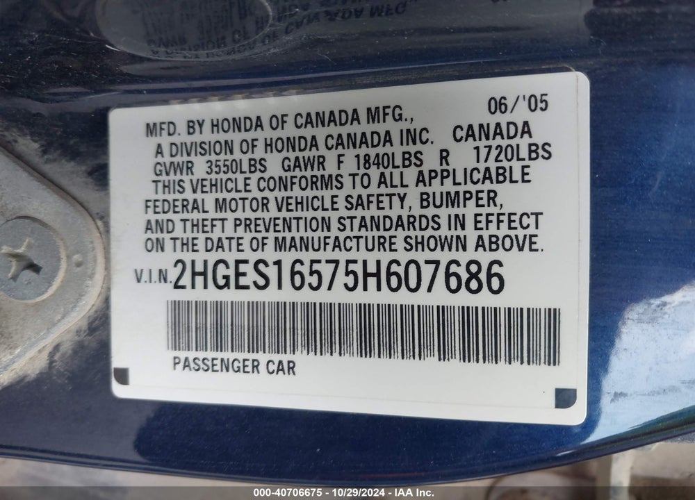 2005 HONDA CIVIC LX VIN: 2HGES16575H607686