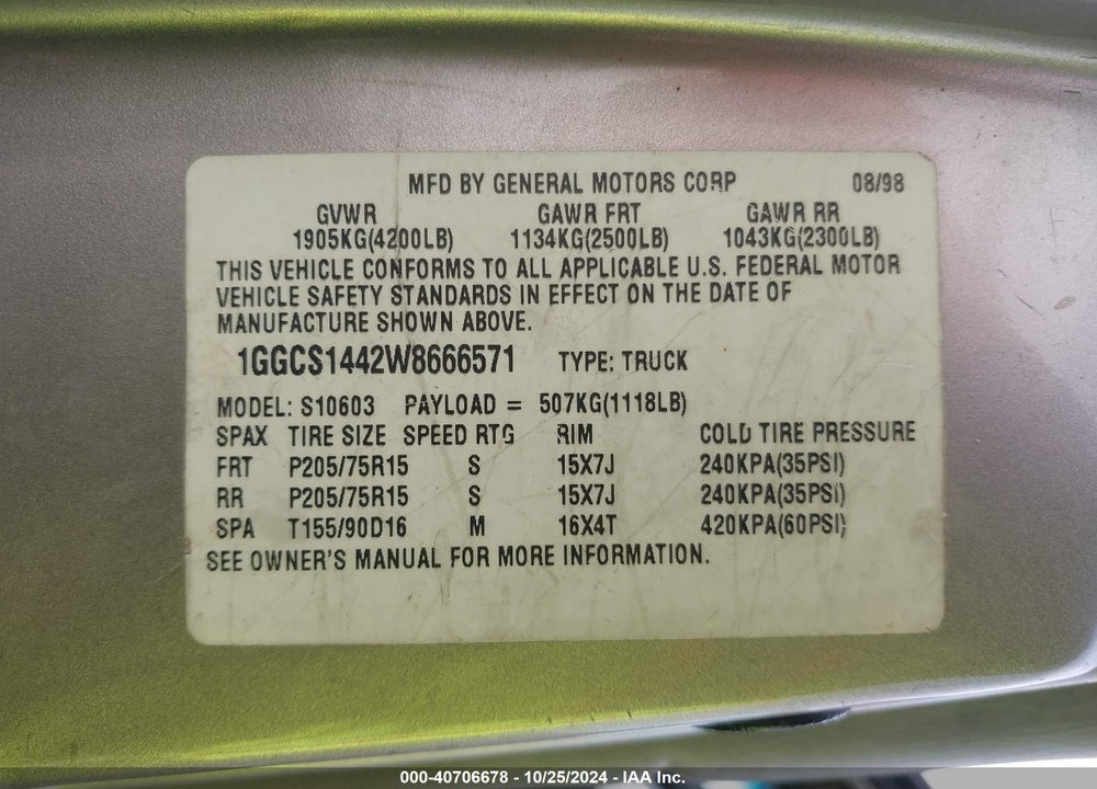1998 ISUZU HOMBRE S VIN: 1GGCS1442W8666571