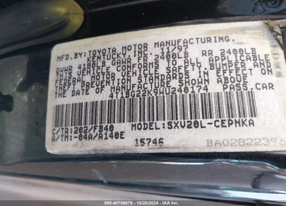 1998 TOYOTA CAMRY CE/LE/XLE VIN: 4T1BG22K9WU240174