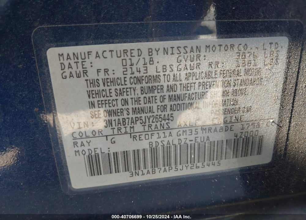 2018 NISSAN SENTRA SV VIN: 3N1AB7AP5JY265445