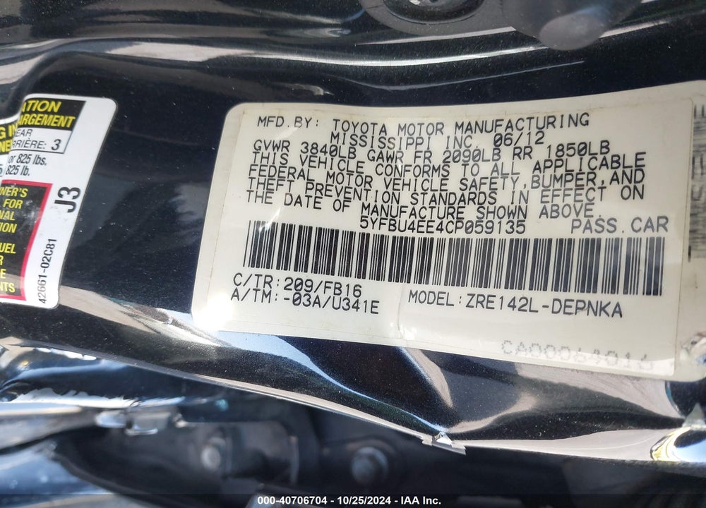 2012 TOYOTA COROLLA LE VIN: 5YFBU4EE4CP059135