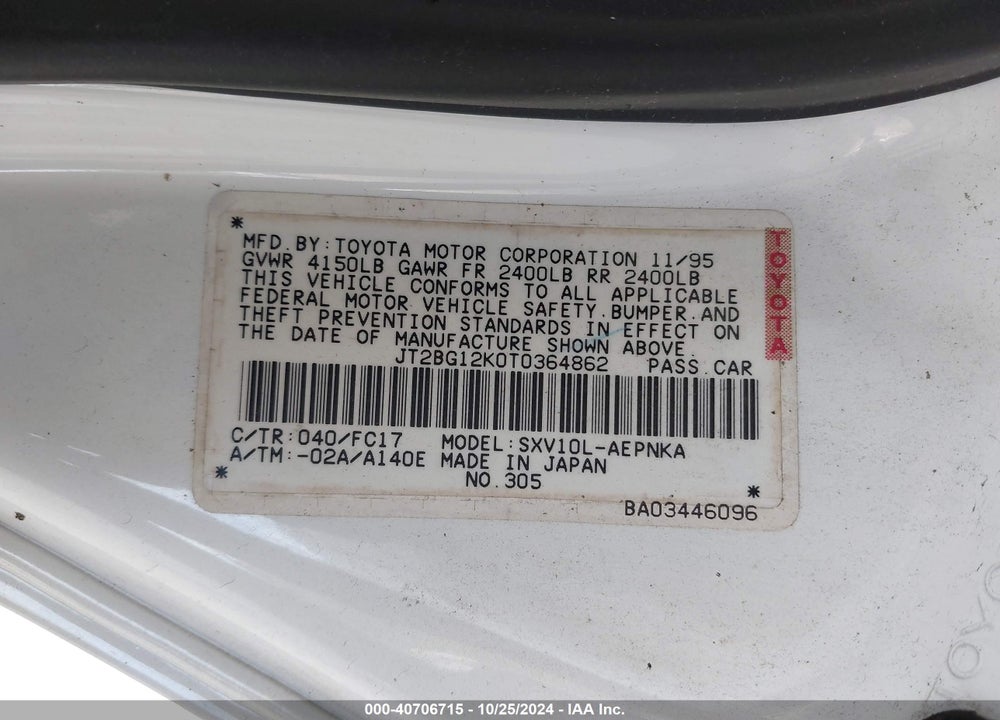 1996 TOYOTA CAMRY DX/LE/XLE VIN: JT2BG12K0T0364862