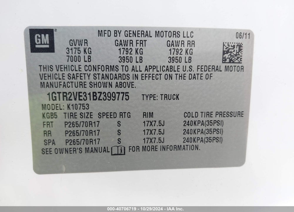 2011 GMC SIERRA 1500 SLE VIN: 1GTR2VE31BZ399775