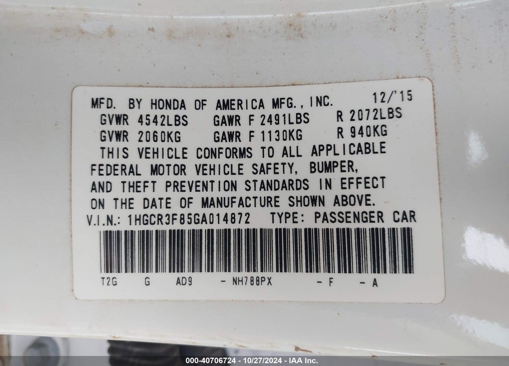 2016 HONDA ACCORD EX-L V-6 VIN: 1HGCR3F85GA014872