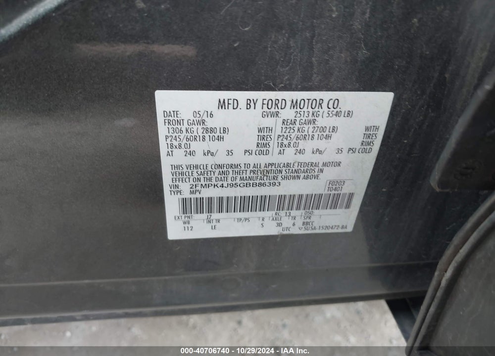 2016 FORD EDGE SEL VIN: 2FMPK4J95GBB86393
