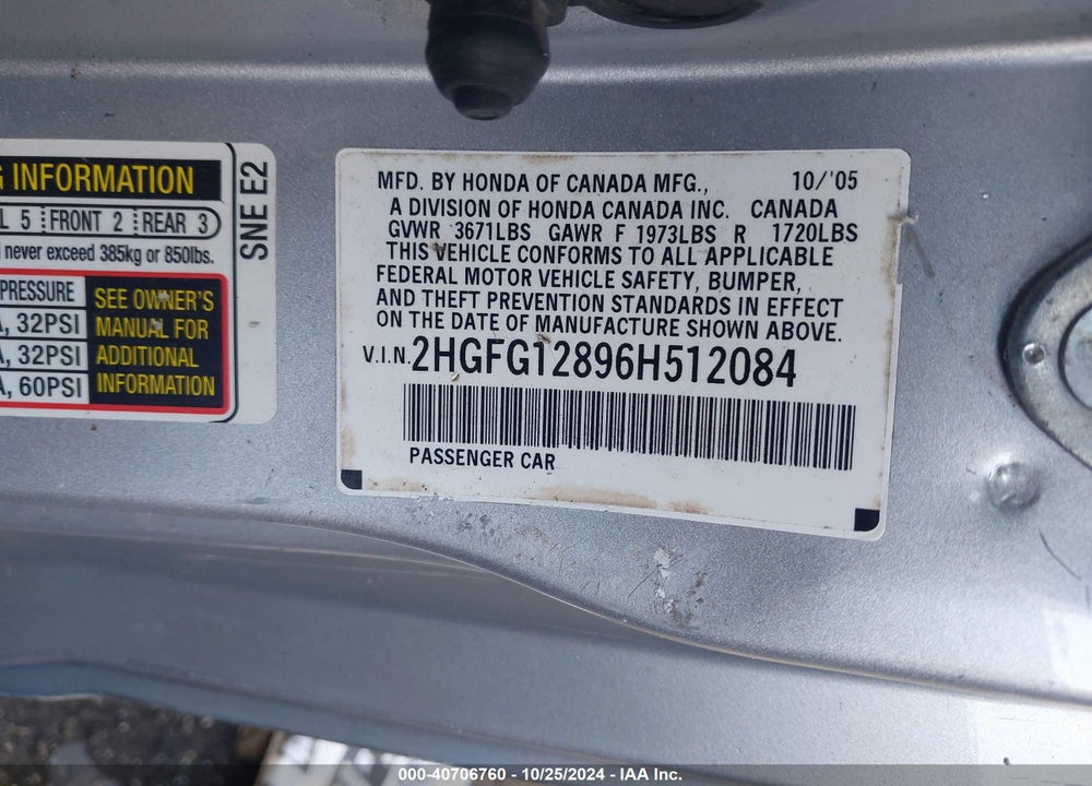 2006 HONDA CIVIC EX VIN: 2HGFG12896H512084