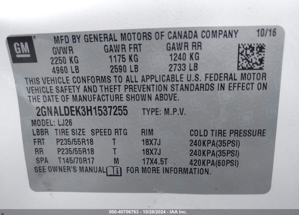 2017 CHEVROLET EQUINOX PREMIER VIN: 2GNALDEK3H1537255