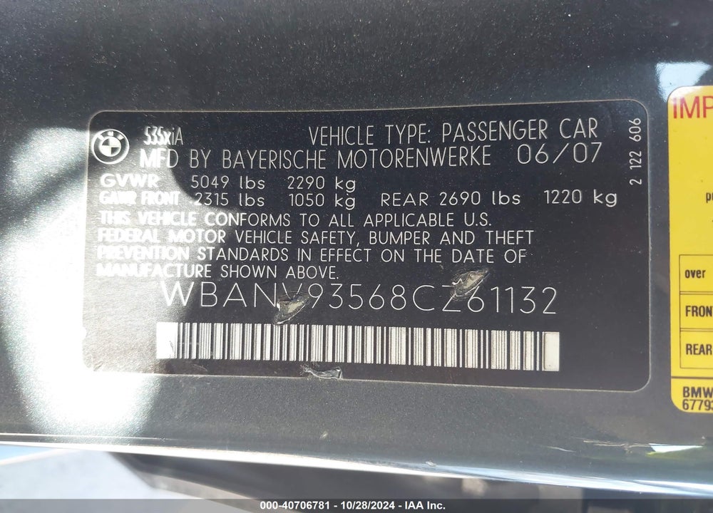 2008 BMW 535XI VIN: WBANV93568CZ61132