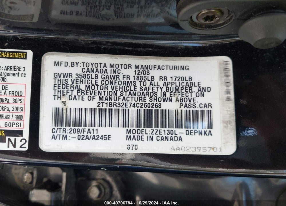 2004 TOYOTA COROLLA CE/LE/S VIN: 2T1BR32E74C260268