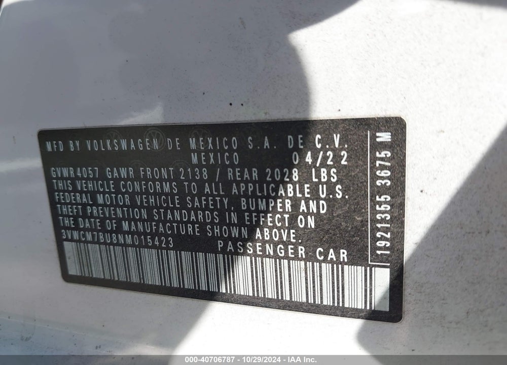 2022 VOLKSWAGEN JETTA 1.5T S VIN: 3VWCM7BU8NM015423