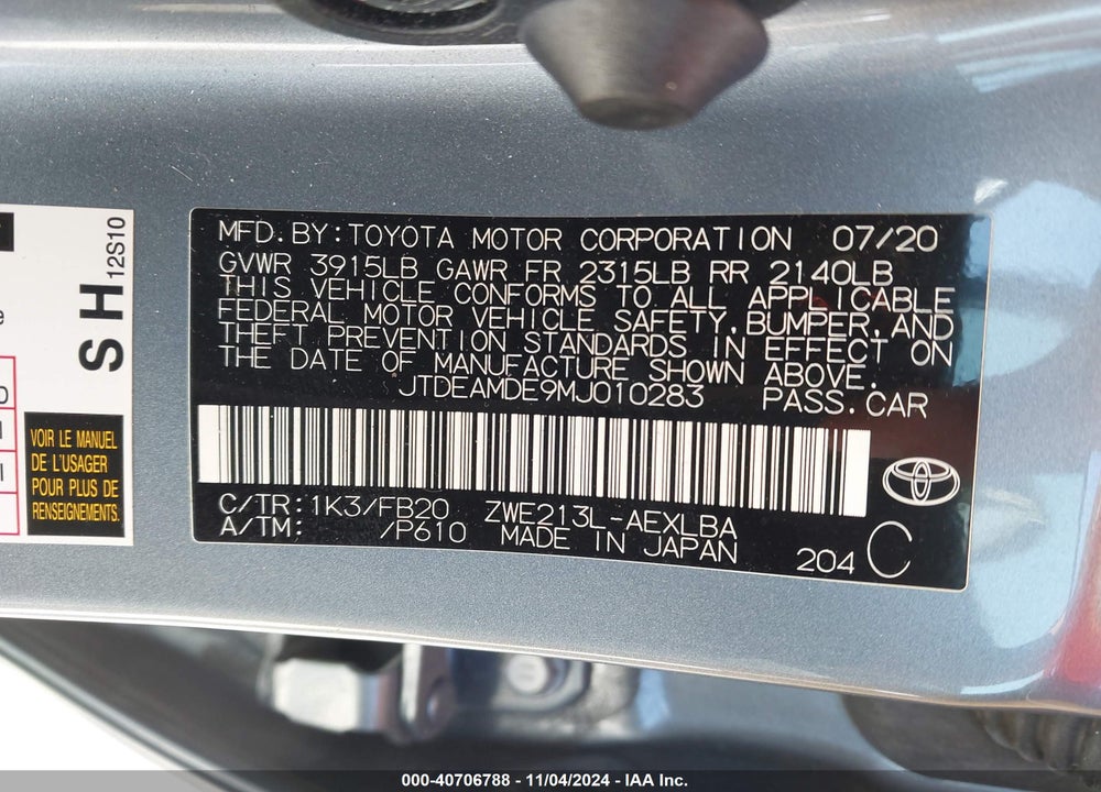 2021 TOYOTA COROLLA HYBRID LE VIN: JTDEAMDE9MJ010283